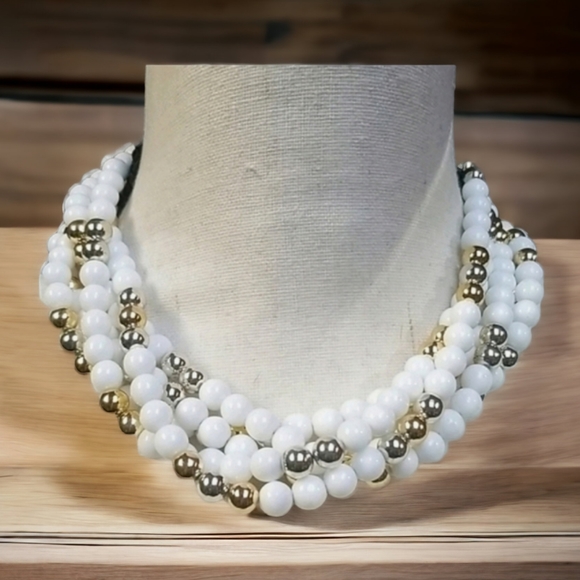 Vintage 1950s Mid Century Choker Beaded Gold & Silver Tone Multi-Strand Necklace - Picture 2 of 15